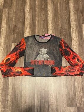Edikted Black Mesh 'Cute But Psycho' Crop Top with Red Flame Sleeves